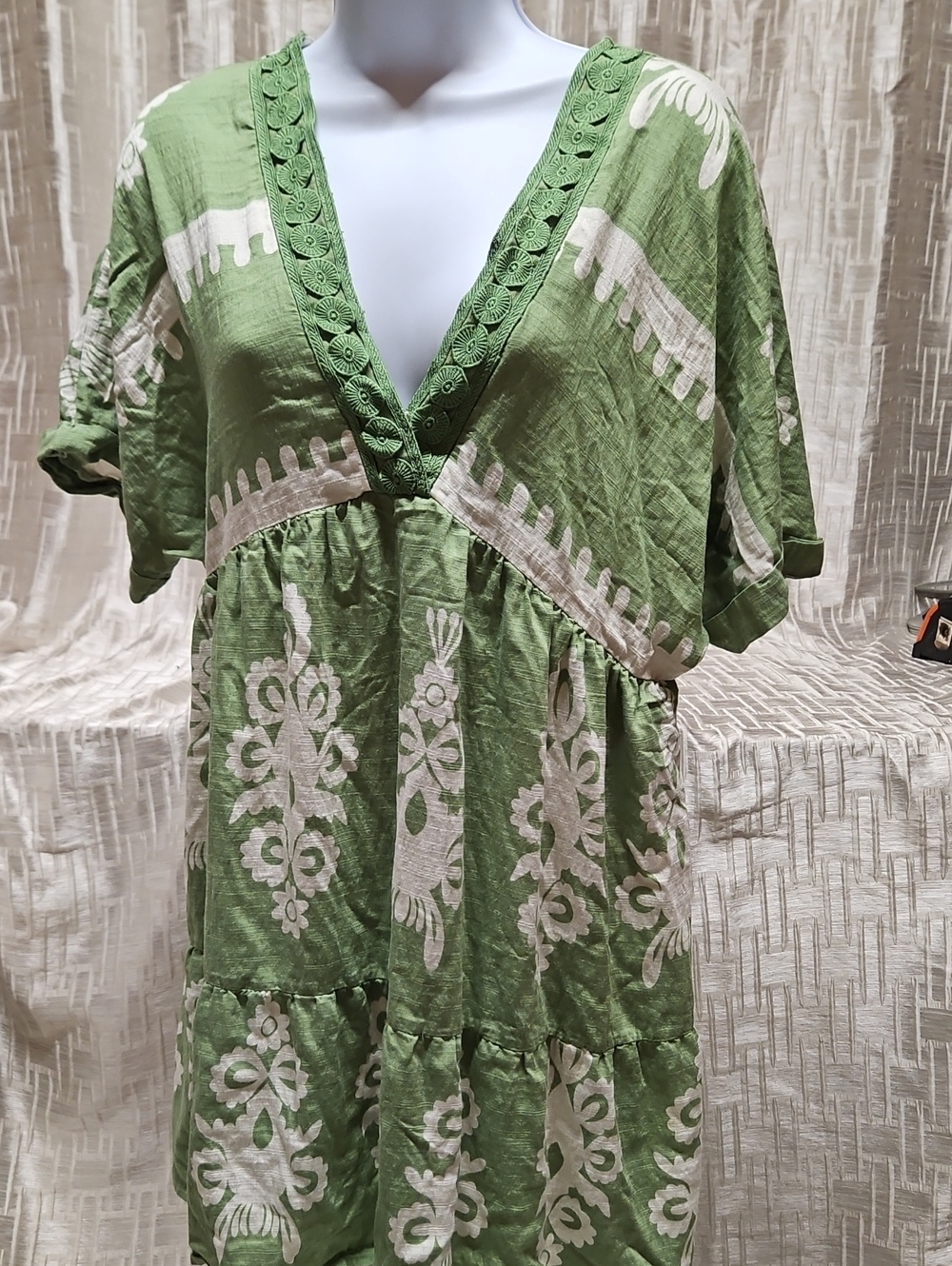 Boho Green V-Neck Embroidered Women's Tunic